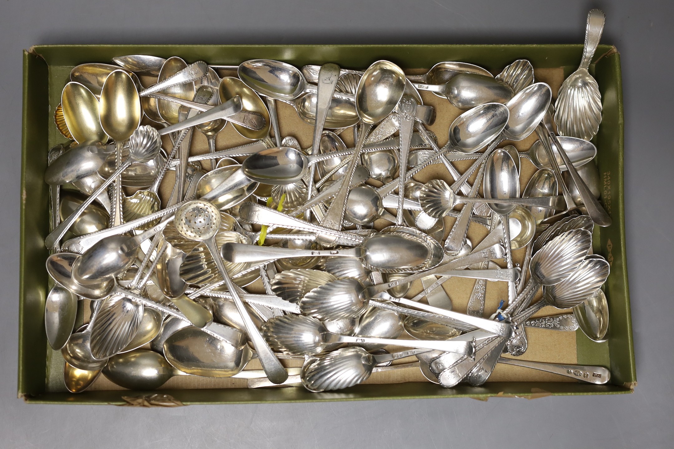 Ninety three small items of mainly late 18th/early 19th silver flatware, various patterns, dates and makers, including a George III caddy spoon, a pair of teaspoons by Hester Bateman and a set of six George III Onslow pa